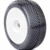 AKA PRODUCTS, INC. 1/8 Gridiron II Medium Long Wear Pre-Mounted Tires, White EVO Wheels (2): Buggy