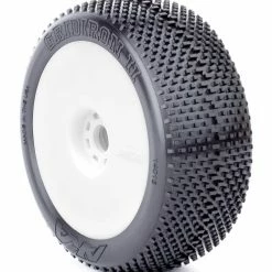 AKA PRODUCTS, INC. 1/8 Gridiron II Medium Long Wear Pre-Mounted Tires, White EVO Wheels (2): Buggy