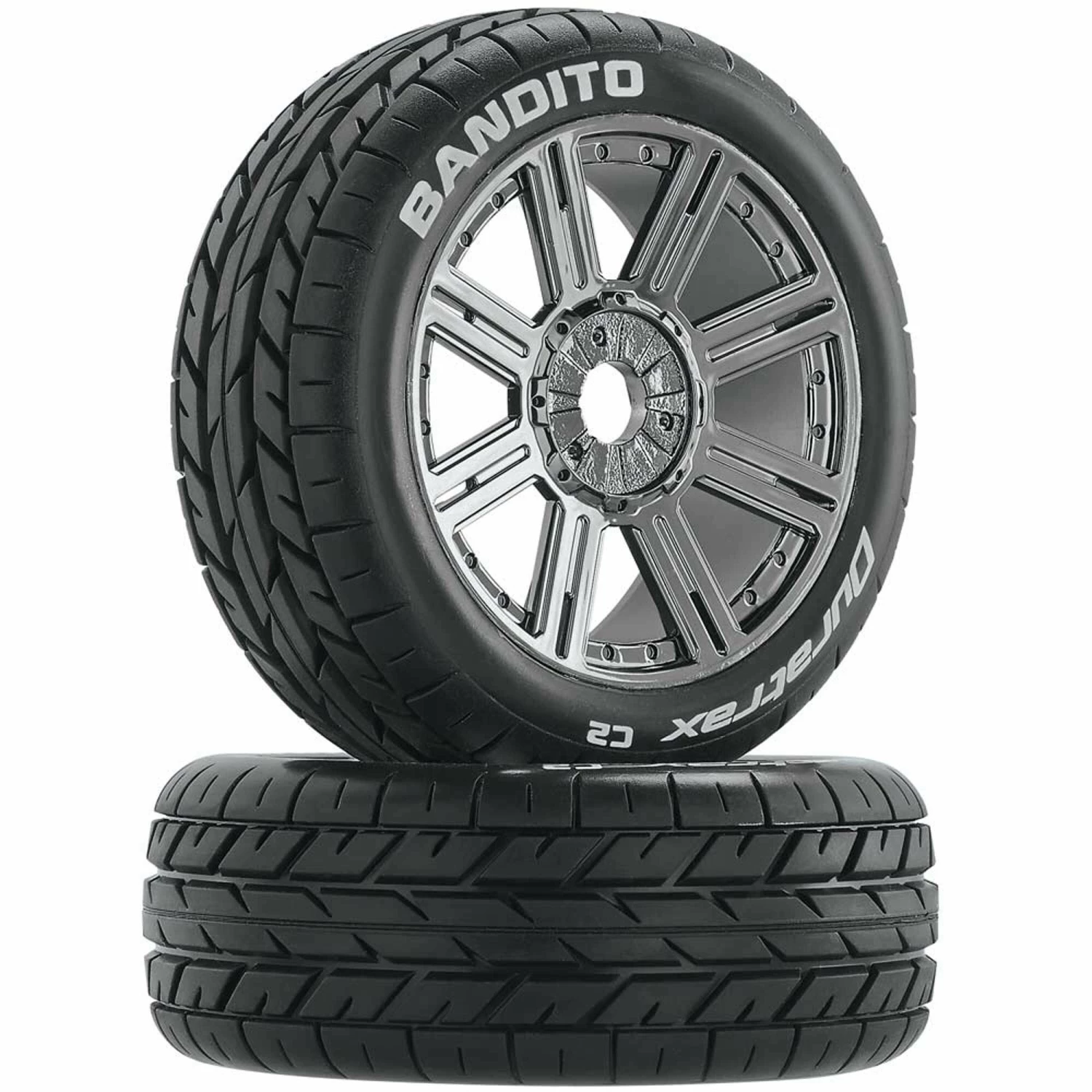 Duratrax Bandito 1/8 Buggy Tire C2 Mounted Spoke Tires, Chrome (2) 1 Duratrax Bandito 1/8 Buggy Tire C2 Mounted Spoke Tires, Chrome (2)