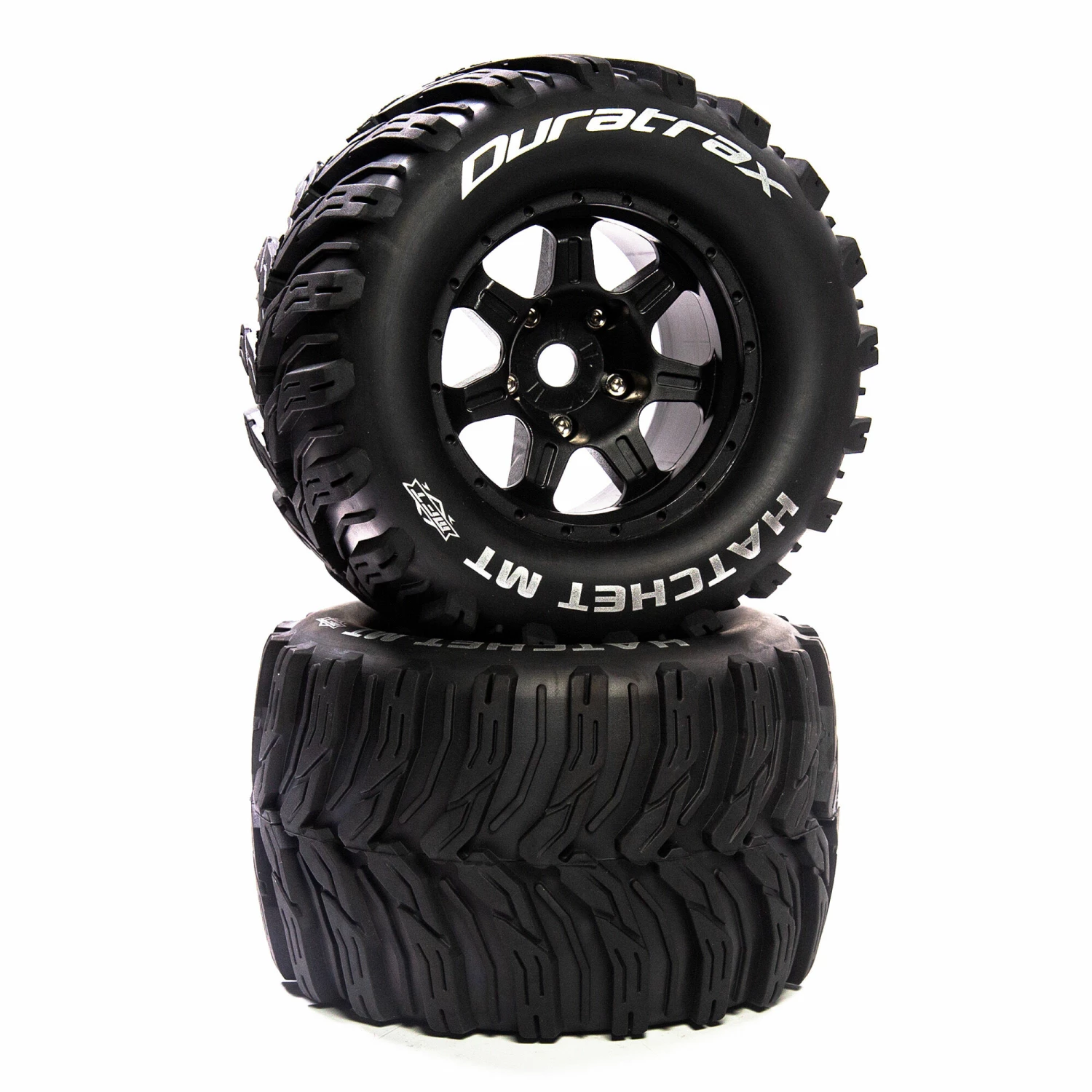 Duratrax Hatchet MT Belt 3.8" Mounted Front/Rear Tires .5 Offset 17mm, Black (2) 1 Duratrax Hatchet MT Belt 3.8" Mounted Front/Rear Tires .5 Offset 17mm, Black (2)